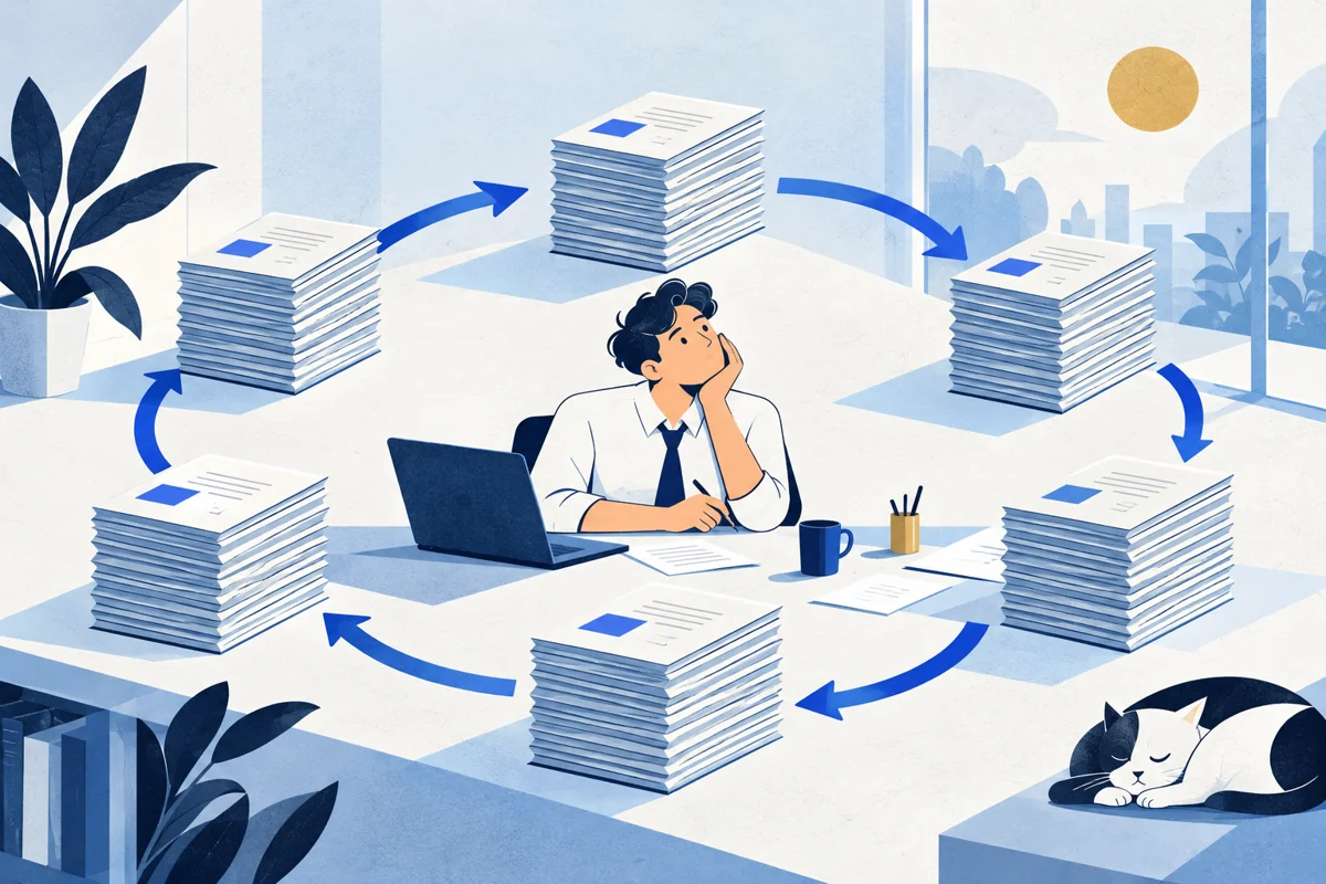 Original conceptual editorial illustration: an office professional with repeated reports