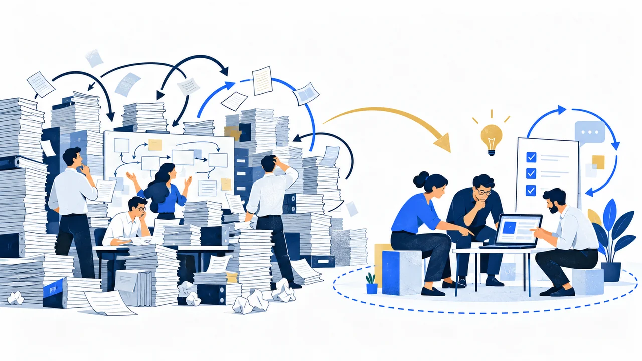 Conceptual editorial illustration contrasting endless corporate planning with a bounded digital experiment.