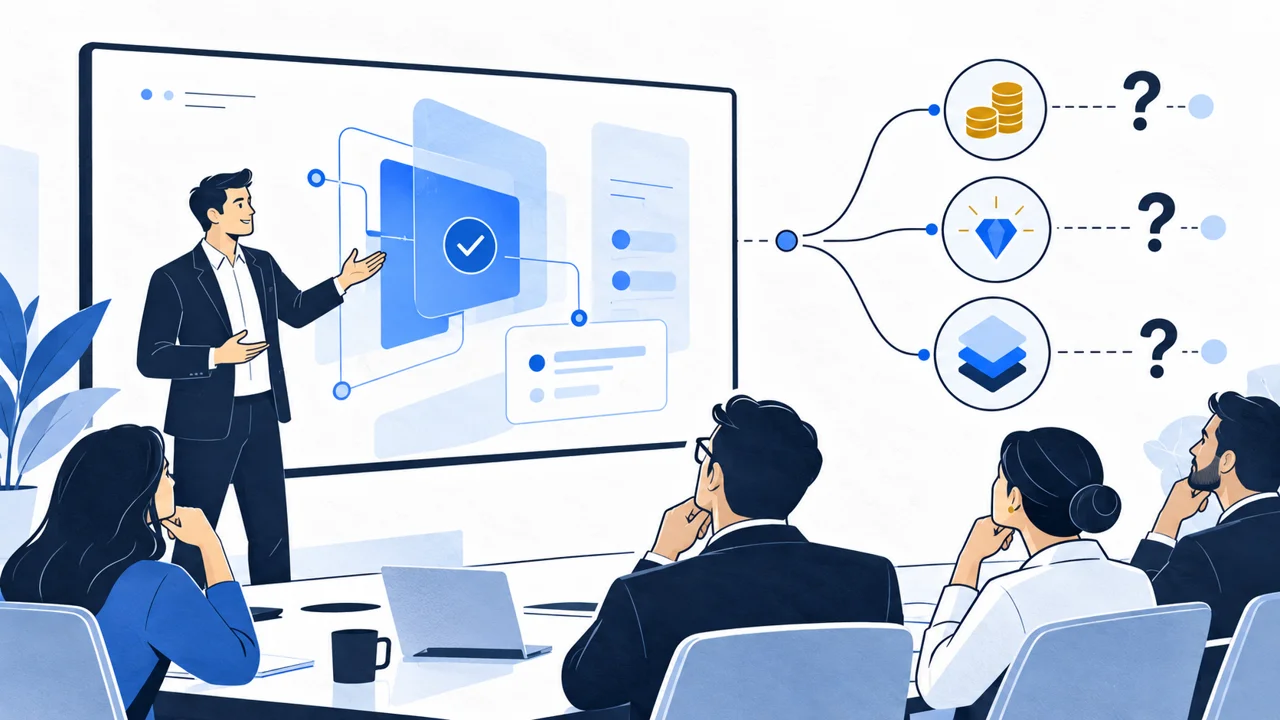 Conceptual illustration: a working technology demo alongside unanswered questions about budget, business value and scaling.