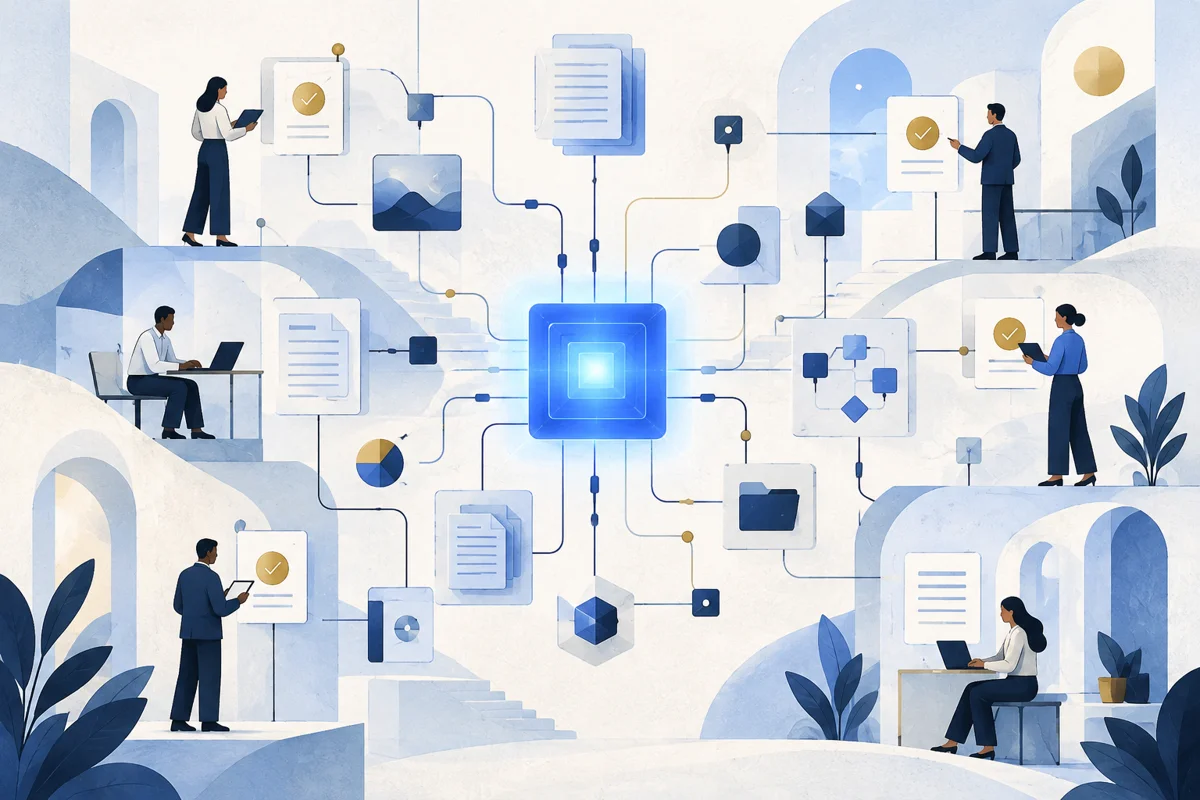 Original conceptual editorial illustration: an AI interface connected to a business workflow