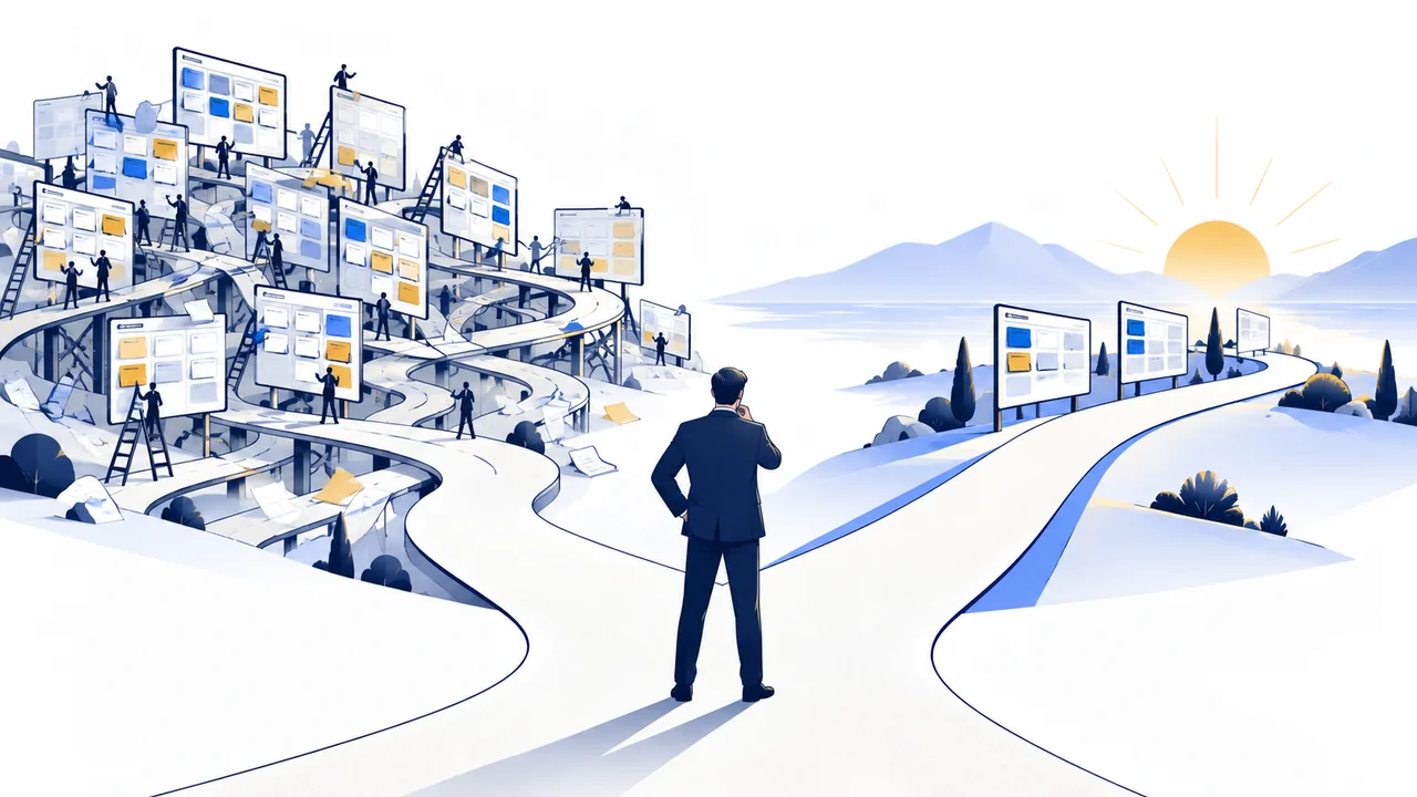 Conceptual illustration of a decision-maker choosing between overlapping initiatives and a focused strategic portfolio.